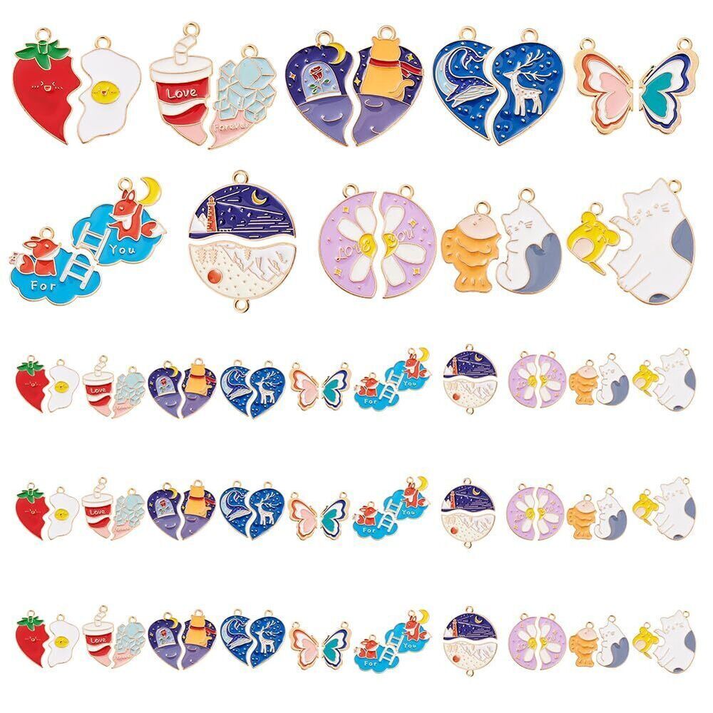 8556 40pcs 10 Styles Colorful Enamel Split Charms Pendant, Cat Heart Flower